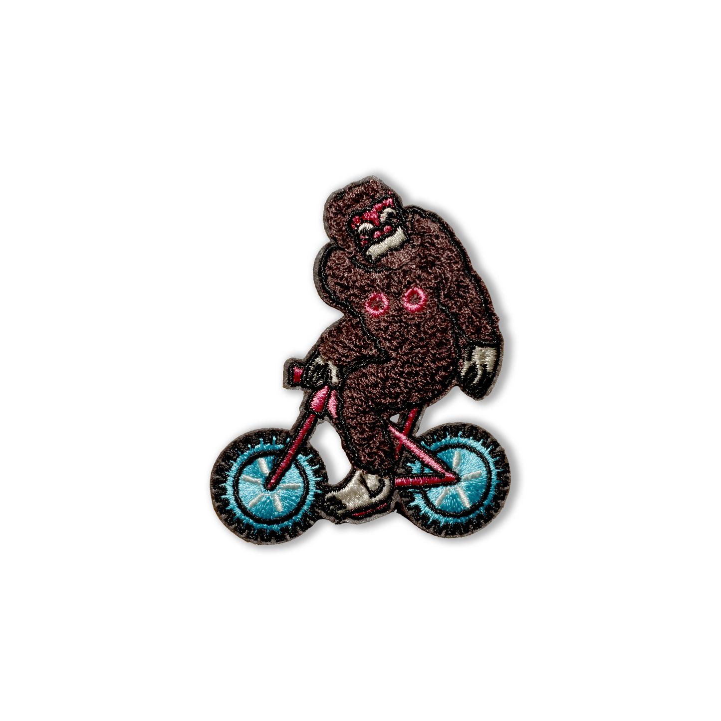 Sasquatch on Bike Locally designed original Whistler Embroidered Chenille Patch with Adhesive Backing
