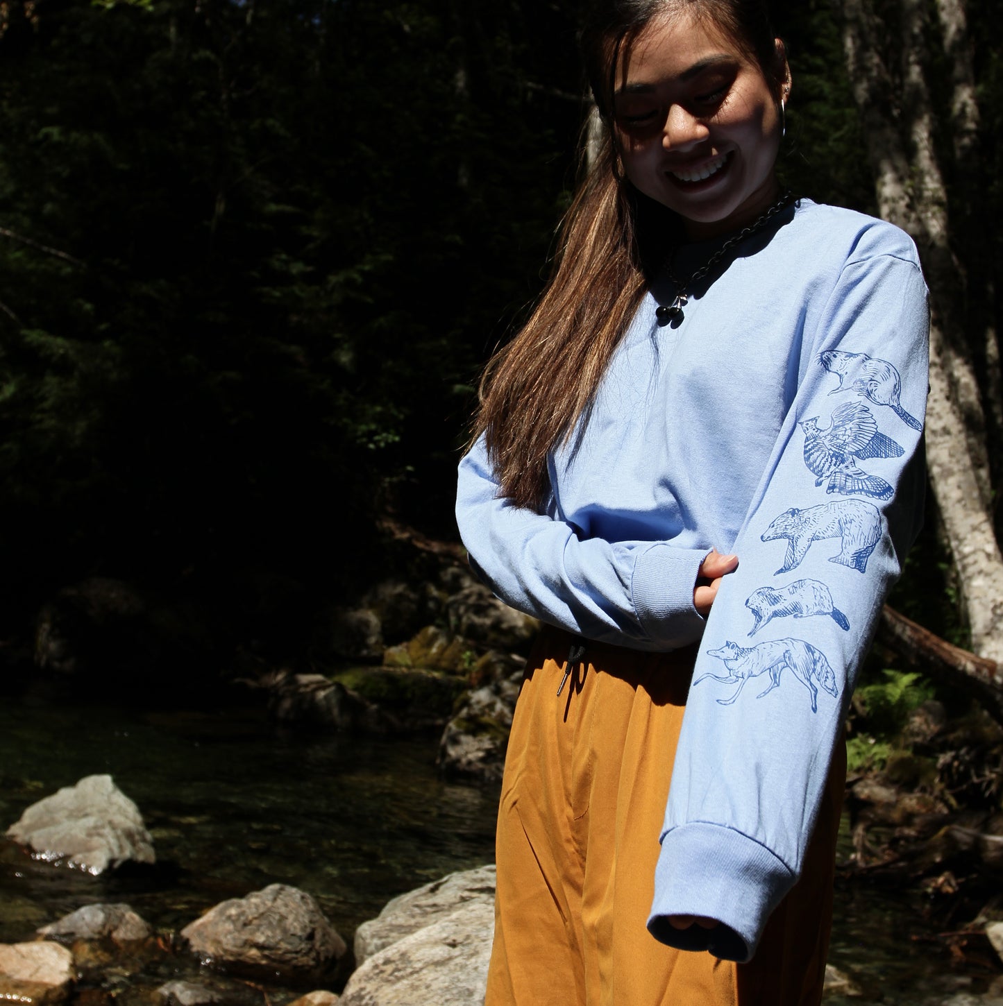 B.C Animals | Long Sleeve Cotton T-Shirt with Wildlife Print Design Sleeve