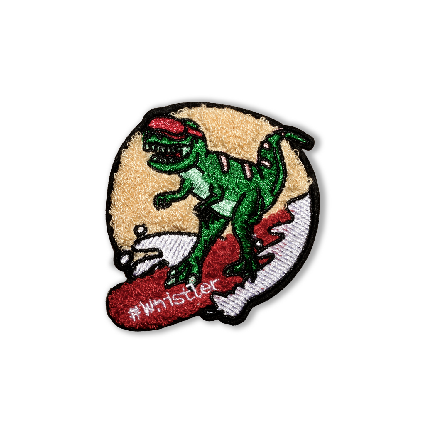 Dinosaur Snowboarder Surfer Locally designed original Whistler Embroidered Chenille Patch with Adhesive Backing