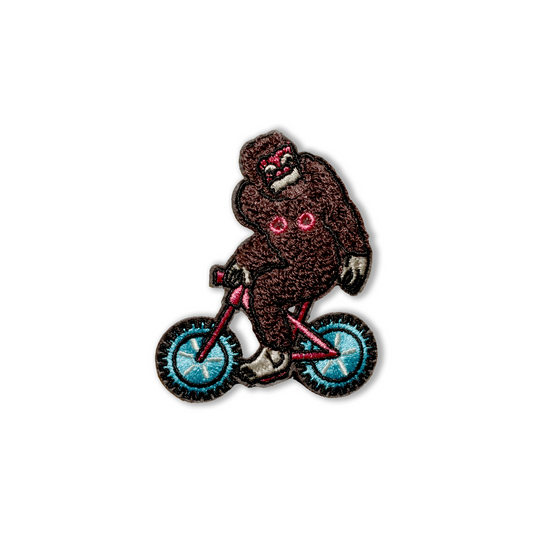 Sasquatch on Bike Locally designed original Whistler Embroidered Chenille Patch with Adhesive Backing